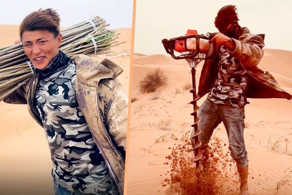 A man in China who has been dubbed “Desert Prince” combats desertification in the country by planting trees in arid regions. Photo: SCMP composite/Douyin
