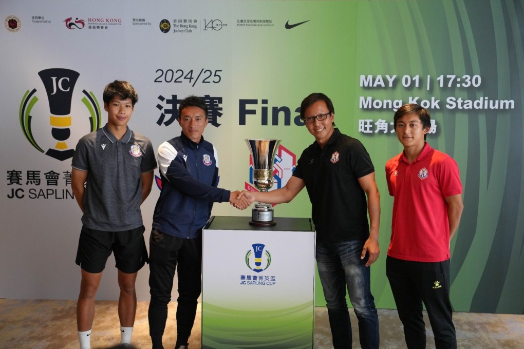 (From left) Lee Man defender Timothy Chow and head coach Chu Siu-kei, and Southern boss Calvin Wong and forward Sohgo Ichikawa at the Sapling Cup final press conference. Photo: HKFA