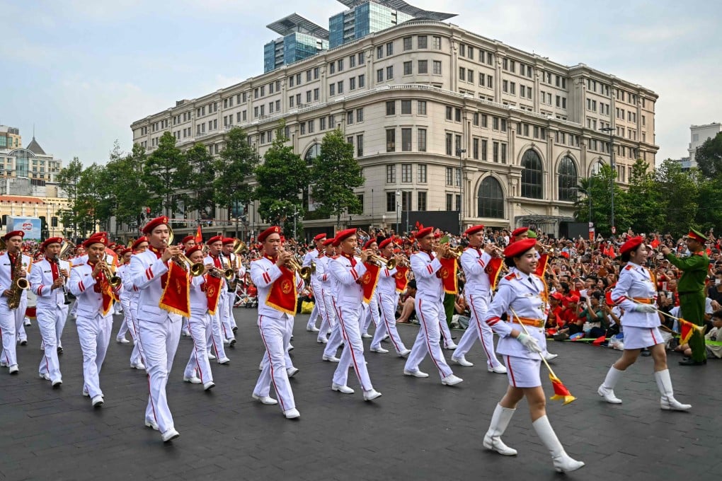 A marching band takes part in a parade in Ho Chi Minh City on Wednesday marking the 50th anniversary of the fall of Saigon and the end of the Vietnam war. Photo: AFP