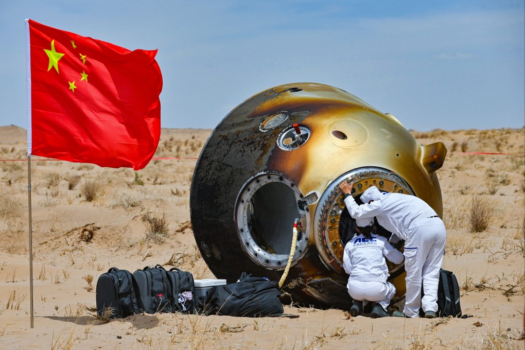 The return capsule of the Shenzhou-19 crewed spaceship is seen after landing in north China’s Inner Mongolia Autonomous Region on Wednesday. Photo: Xinhua