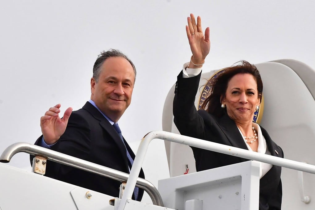 US Vice-President Kamala Harris and her husband Doug Emhoff wave as they depart from Vandenberg Space Force Base in California in April 2022. Photo: AFP