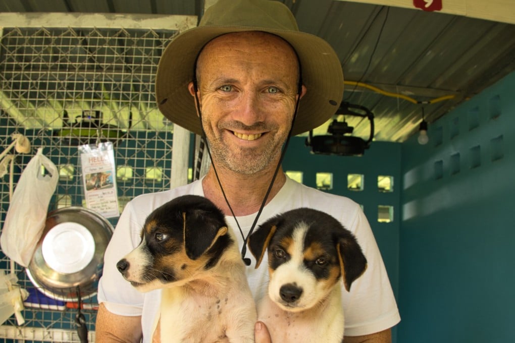 Niall Harbison is seen with a pair of pups. Harbison aims to reduce Thailand’s street dog population through sterilisation and care. Photo: Naruemon Chaingam