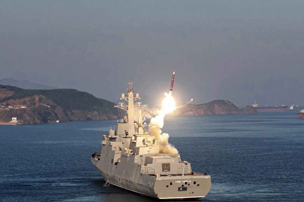 North Korea’s first destroyer, the Choe Hyon,  conducts a test firing of its weapon systems at an undisclosed location on Monday. Photo: KCNA/EPA-EFE