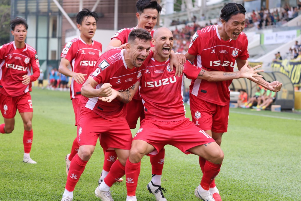 Southern celebrate a goal in their 4-0 rout of Lee Man in the JC Sapling Cup Final at Mong Kok Stadium on Thursday. Photo: Nora Tam