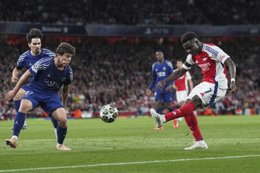 Arsenal’s Bukayo Saka (right) is likely to be rested this weekend as his team trail PSG 1-0 in their Champions League semi-final tie. Photo: AP
