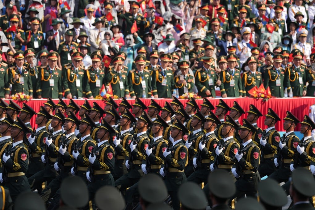 A Chinese PLA honour guard marches in Ho Chi Minh City on Wednesday as Vietnam celebrated National Reunification Day. Photo: Xinhua