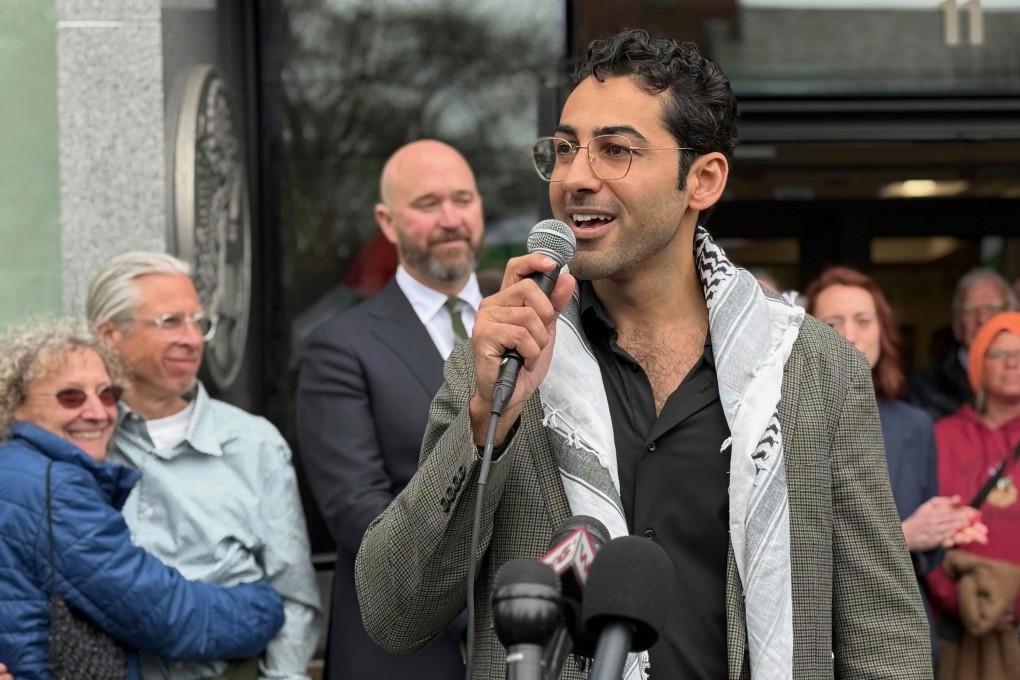 Mohsen Mahdawi speaks outside the courthouse in Burlington, Vermont, after he was released on bail on Wednesday. Photo: AP