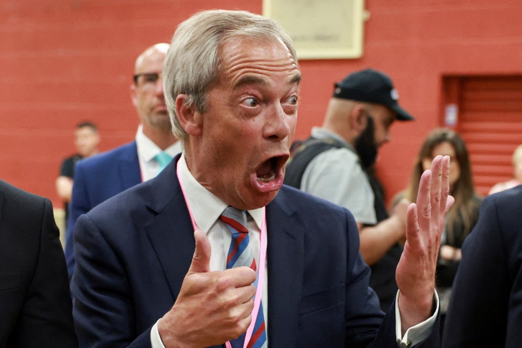 Nigel Farage holds up six fingers to indicate the six votes his party’s candidate won by in the Runcorn and Helsby by-election. Photo: Reuters