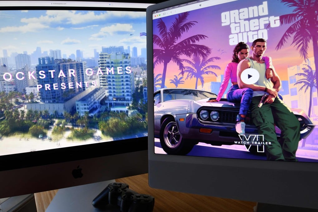 Rockstar Games’ Grand Theft Auto VI trailer plays on computer screens. The much-awaited release of the video game’s latest instalment has been postponed by several months, to May 2026, its publisher says. Photo: AFP