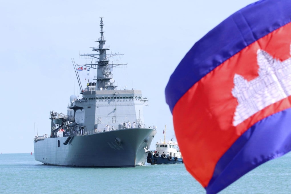 A Japanese minesweeper vessel prepares to dock at the Ream naval base in Cambodia last month. Photo: Kyodo