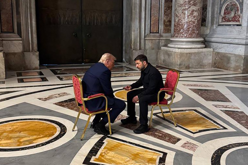 Ukraine’s President Volodymyr Zelensky (right) meets with US President Donald Trump on the sidelines of Pope Francis’s funeral at St Peter’s Basilica at the Vatican in April. Photo: Telegram/ermaka2022 via AFP