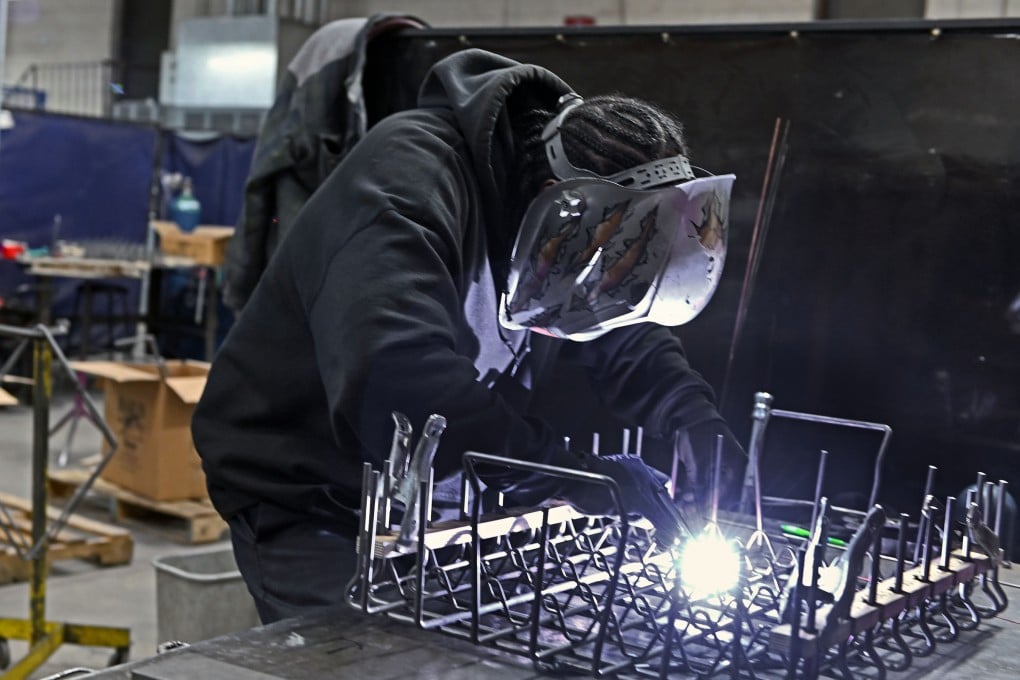 A welder at Marlin Steel Wire in West Baltimore on April 10, 2025. Photo: The Baltimore Sun/TNS