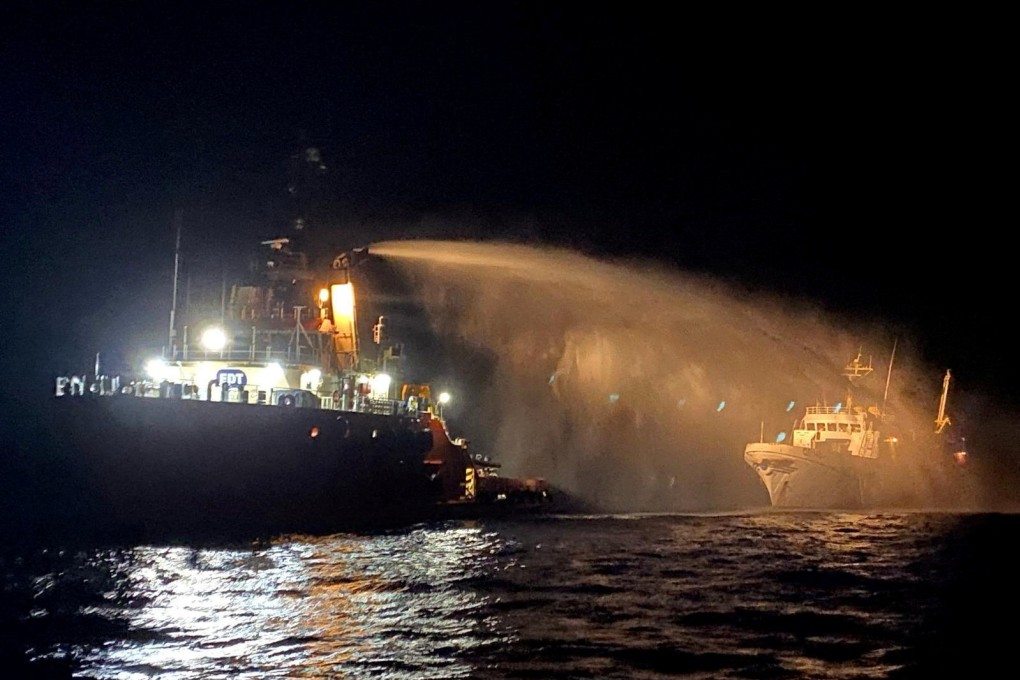 A tug vessel puts out a fire on the Gaza Freedom Flotilla vessel Conscience. Photo: Government of Malta via Reuters