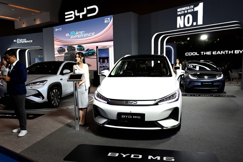 BYD EVs are displayed at the Periklindo Electric Vehicle Show 2025 in Jakarta on Tuesday. Photo: Xinhua