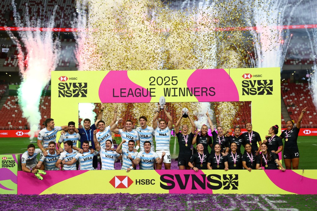 Argentina’s men (left) and New Zealand’s women celebrate with their trophies after topping this season’s SVNS Series leagues. Photo: Reuters