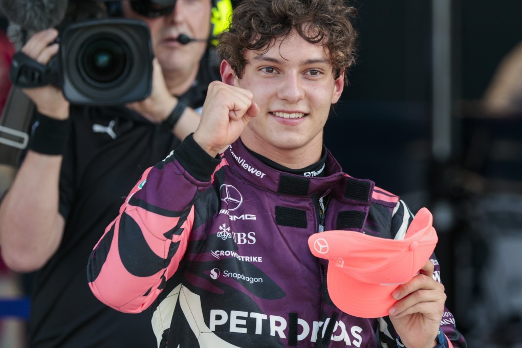 Mercedes driver Kimi Antonelli celebrates taking sprint pole ahead of the Miami grand prix. Photo: EPA