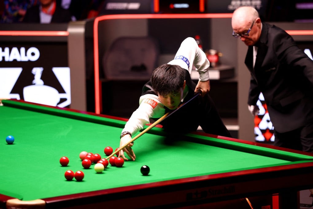 Zhao Xintong in control during his semi-final against Ronnie O’Sullivan at the Crucible Theatre. Photo: Action Images via Reuters