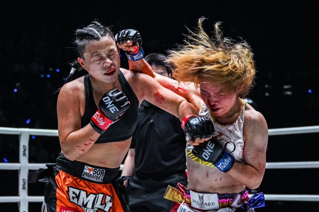 Hong Kong Muay Thai fighter Emily Chong (left) fights Japan’s Koko Ohara at Lumpinee Stadium at ONE Friday Fights 80 on September 20, 2024. Photo: ONE Championship