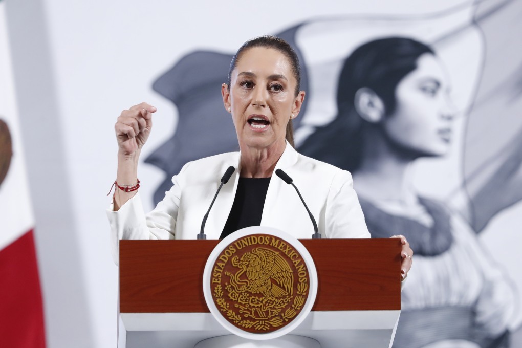 Mexico’s President Claudia Sheinbaum speaks during a press conference at the National Palace in Mexico City in April. Photo: EPA-EFE