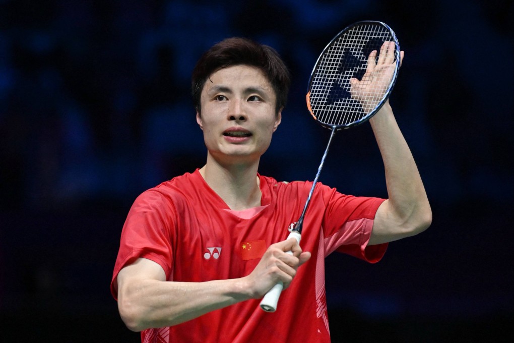 China’s Shi Yuqi celebrates his defeat of South Korea’s Jeon Hyeok-jin in the Sudirman Cup final in Xiamen. Photo: AFP