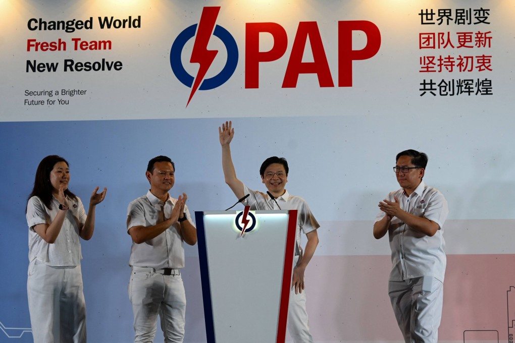 Singapore Prime Minister Lawrence Wong of the People’s Action Party (PAP)  celebrates the party’s general election results on Saturday. Photo: AFP