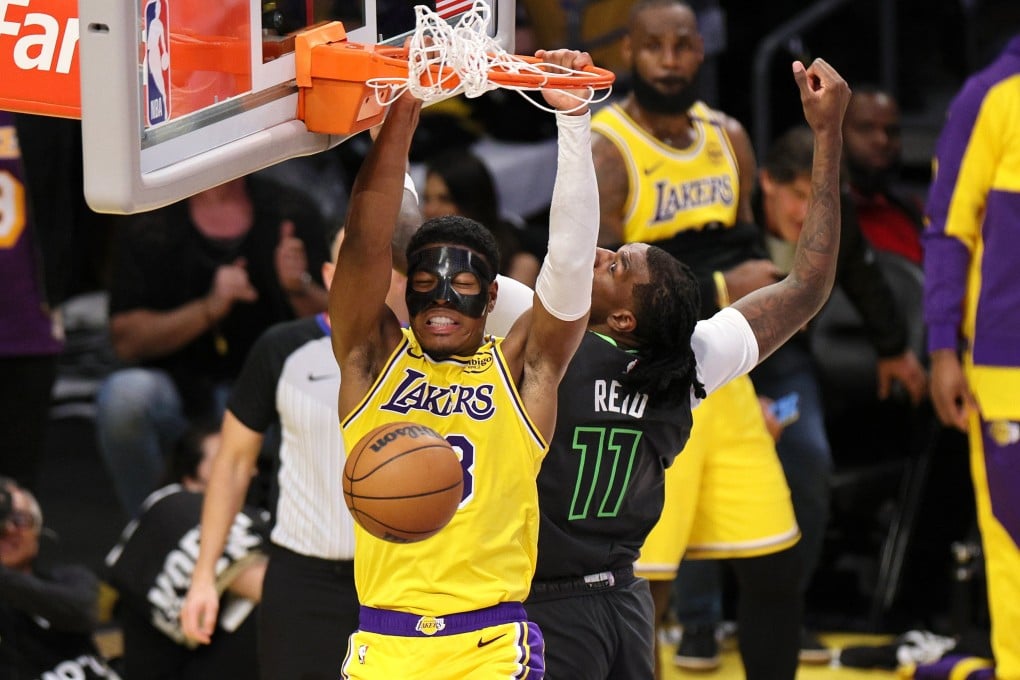 Los Angeles Lakers’ Rui Hachimura dunks the ball during an NBA play-offs game against the Minnesota Timberwolves. Photo: EPA-EFE