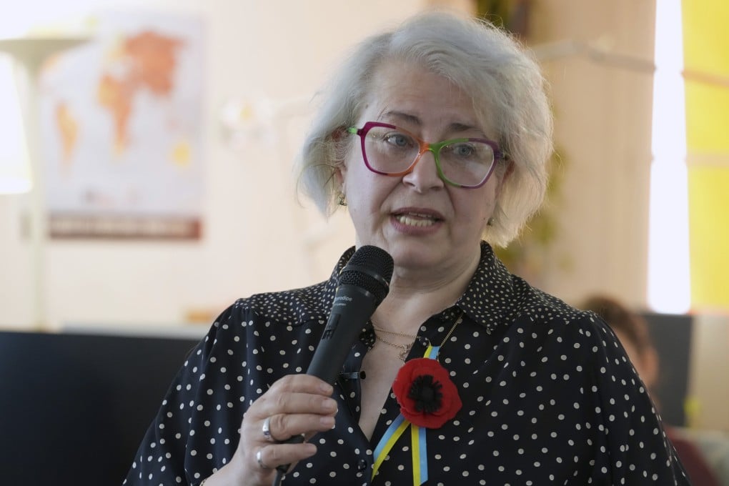 Ekaterina Barabash, an outspoken critic of Russia’s invasion of Ukraine, speaks during a press conference at Reporters Without Borders headquarters, on Monday in Paris. Photo: AP