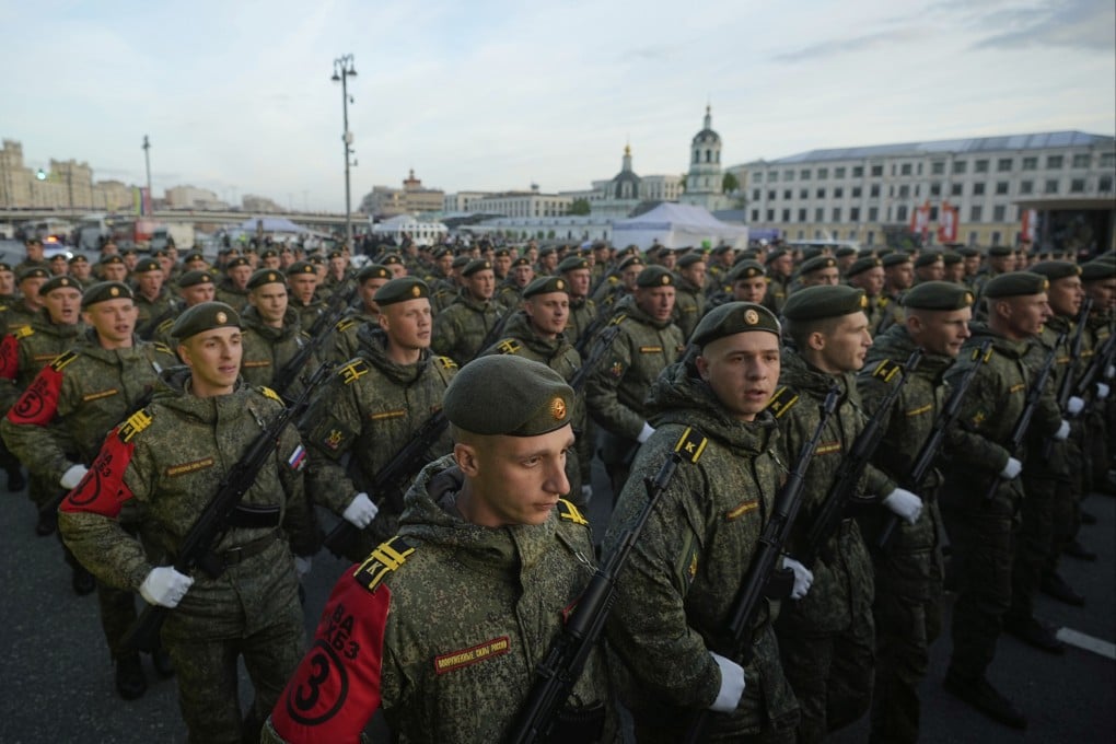Russian servicemen during a parade rehearsal in Moscow. Photo: AP