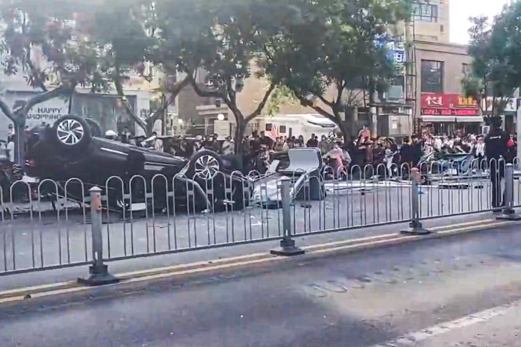 Authorities in Tengzhou, in China’s Shandong province, said on Monday that a driver has been detained after a car crashed in to a group of people at a bus stop on the previous day. Photo: Handout