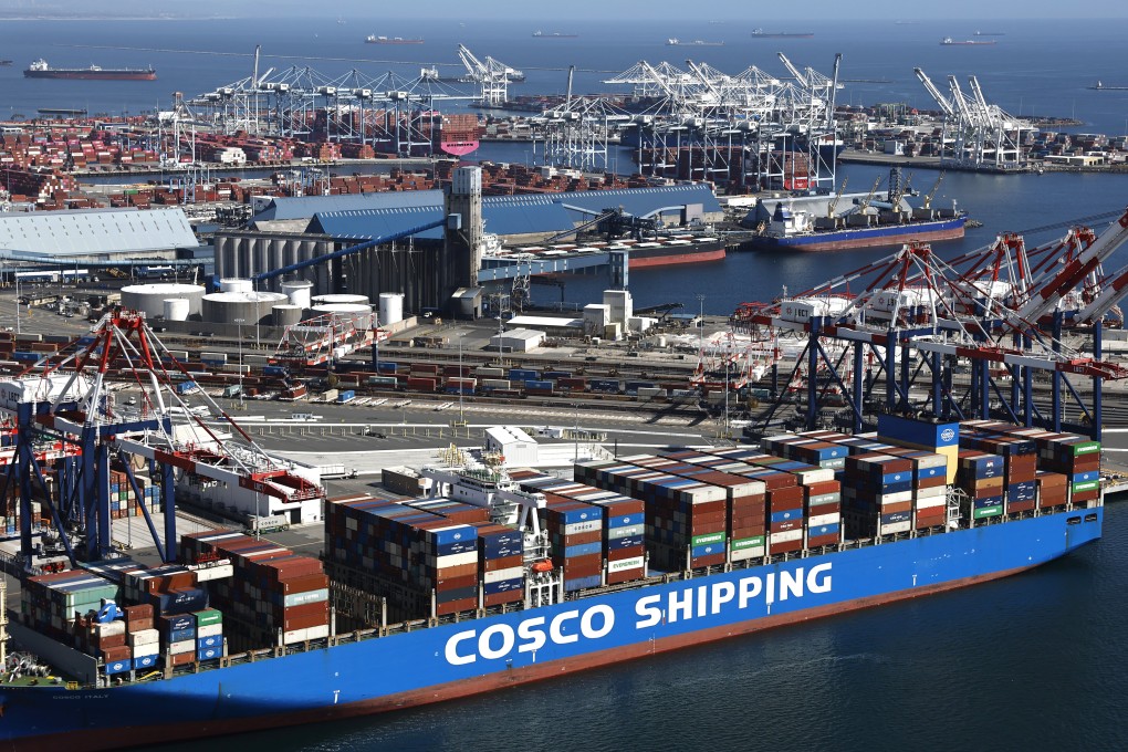 A container ship belonging to Cosco Shipping, China’s largest shipping line, sits in the Port of Long Beach in California. Photo: Getty Images