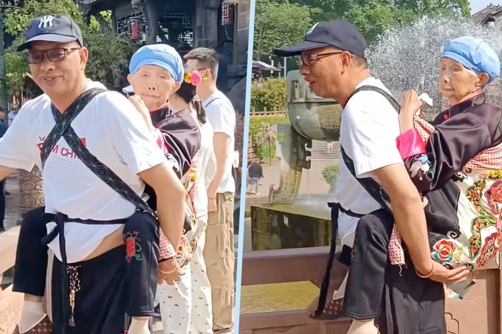 A Chinese son has attracted admiration online for carrying his elderly mother on his back in a baby sling when they go travelling. Photo: SCMP composite/Douyin