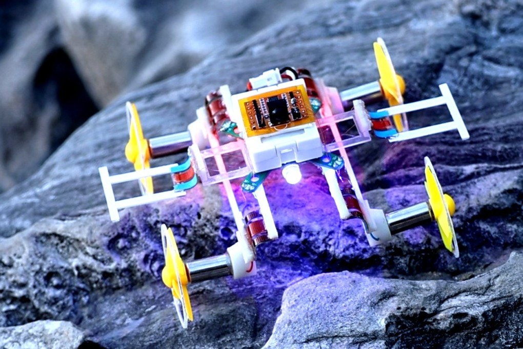 The microrobot is 9cm long and weighs 25 grams. In outdoor tests, it flew over objects and landed, then switched mode to drive on the ground. Photo: Xinhua