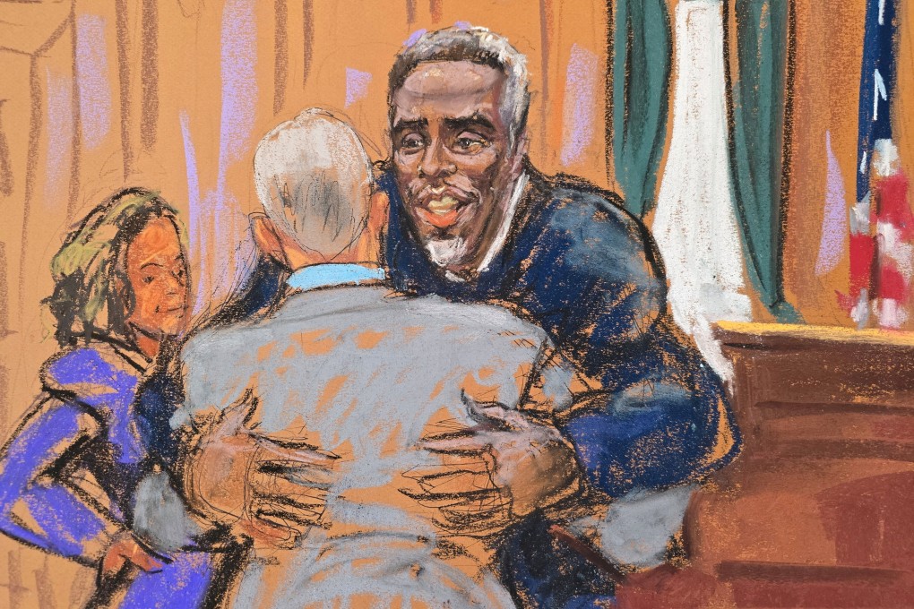 Sean ‘Diddy’ Combs embraces one of his lawyers in this courtroom sketch. Image: Jane Rosenberg via Reuters