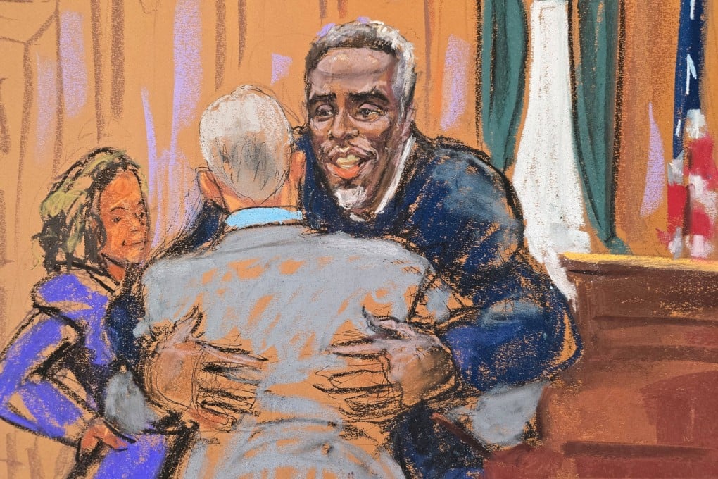 Sean ‘Diddy’ Combs embraces one of his lawyers in this courtroom sketch. Image: Jane Rosenberg via Reuters