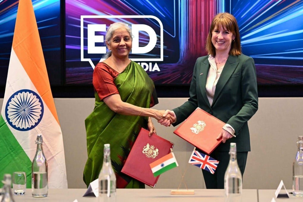 Britain’s Chancellor of the Exchequer Rachel Reeves (right) shakes hands with her Indian counterpart, Finance Minister Nirmala Sitharaman in London, on April 9. Photo: AFP/File