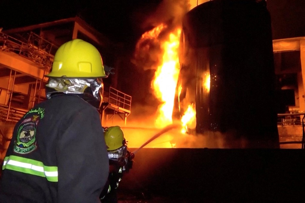 Huge fires at a cement factory in Yemen after the Israeli military carried out air strikes against Hodeida Port and its vicinity. Photo: Al-Masirah TV via Reuters