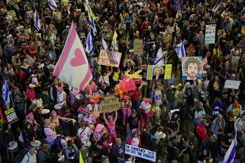 Families and supporters of Israeli hostages held by Hamas in Gaza take part in a protest in Tel Aviv on Saturday. Photo: EPA-EFE
