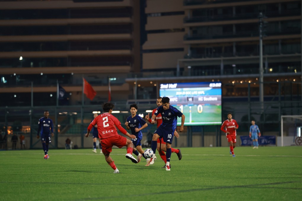 Jesus Salazar of Football Club skips past Southern defender Chan Yun-tung. Photo: HKFC