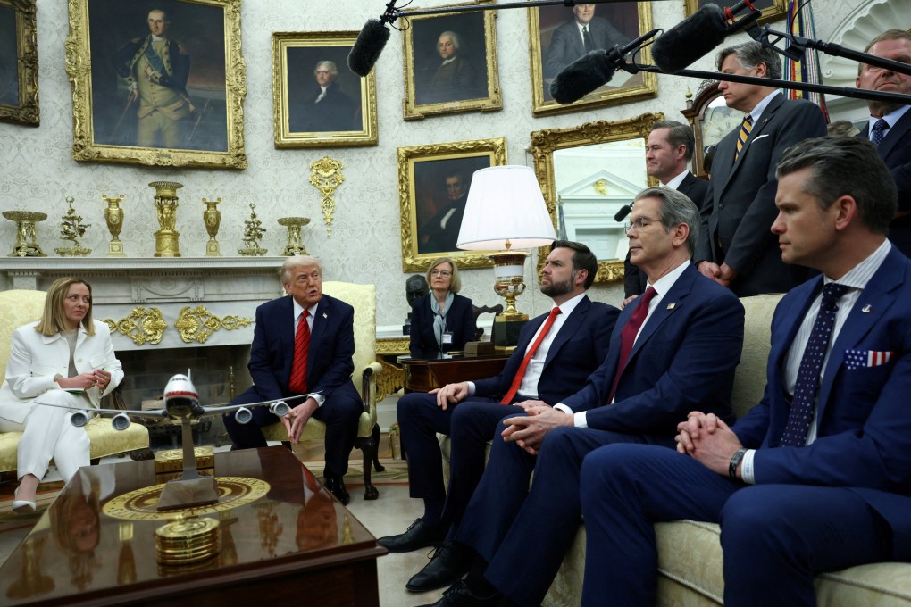 US President Donald Trump meets Italian Prime Minister Giorgia Meloni as US Vice-President J.D. Vance, Treasury Secretary Scott Bessent and Defence Secretary Pete Hegseth sit next to them in the Oval Office at the White House on April 17. Photo: Reuters