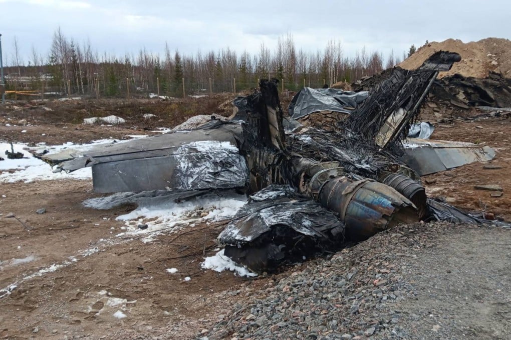 A destroyed F/A-18 Hornet fighter jet after its crash near the Rovaniemi Airport in Rovaniemi, Finnish Lapland on Wednesday. Photo: AFP/Finnish Air Force