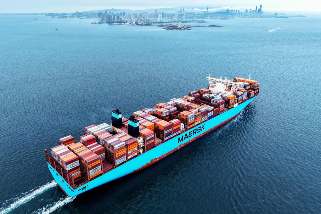 A cargo ship leaving the port in Qingdao, in eastern China’s Shandong province on Wednesday. Photo: AFP