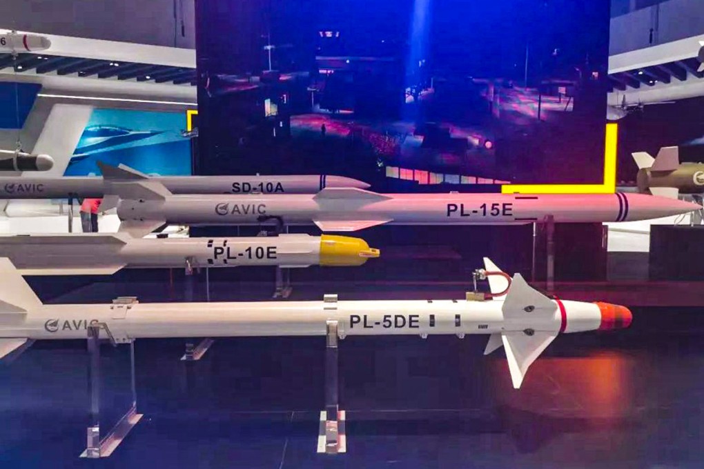 Chinese air-to-air missiles, including the PL-15E implicated in this week’s aerial exchange between India and Pakistan, on display at China’s Zhuhai air show. Photo: Handout