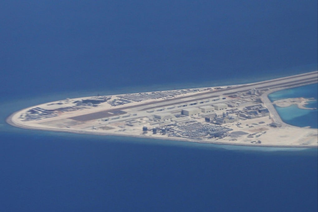 An airstrip, structures and buildings seen on China’s man-made Subi Reef in the South China Sea. Photo: AP
