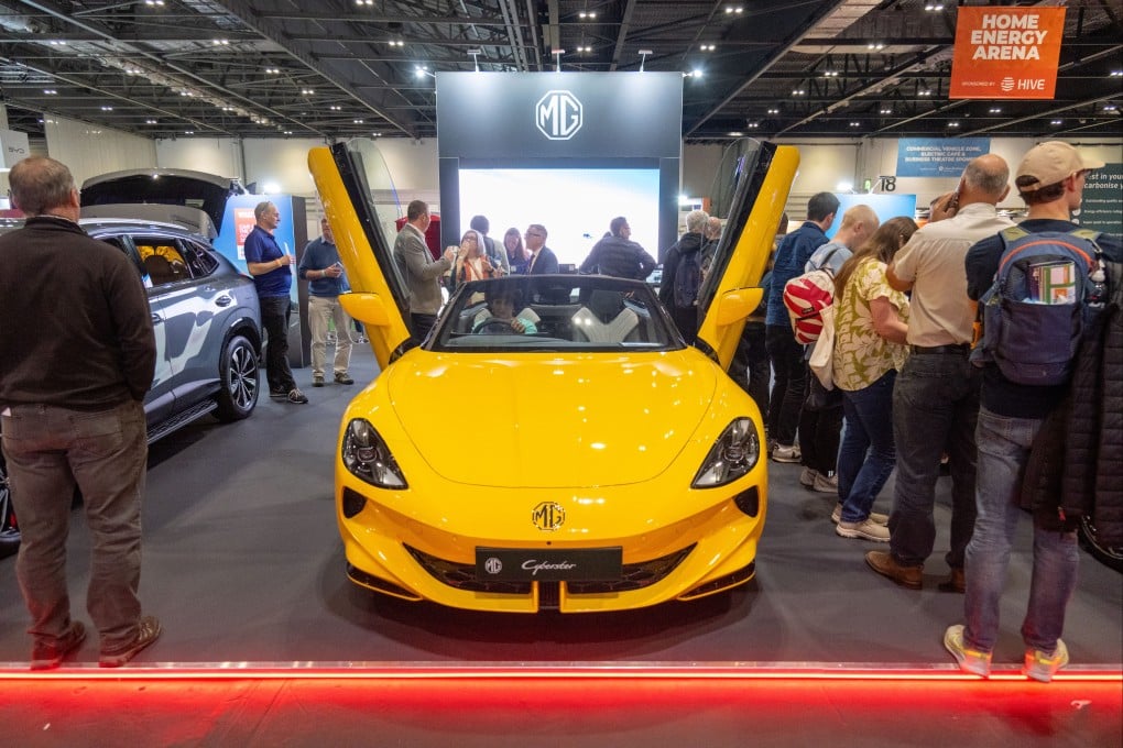 Chinese car brand MG’s stand at Everything Electric London, a home energy and electric vehicle show