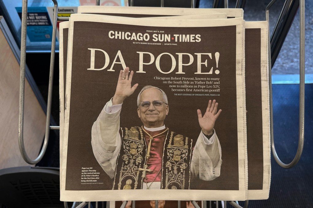The Chicago Sun Times front page showing Pope Leo XIV is seen on a newspaper rack on Friday. Photo: AP