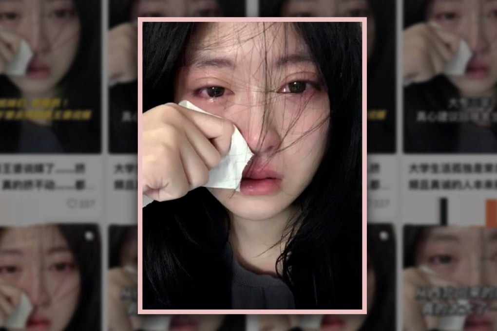 A young Chinese woman whose crying photograph was stolen and is being used on pornographic websites and in advertisements for sex products is battling to restore her reputation. Photo: SCMP composite/Weibo/Jimu
