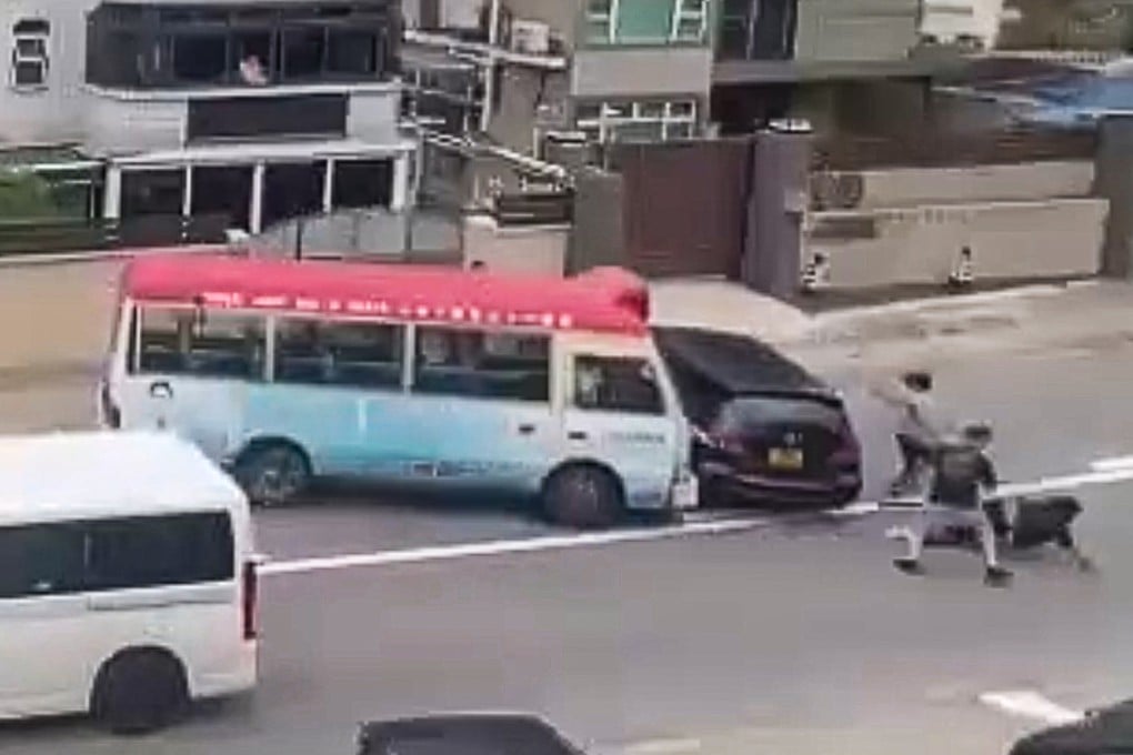 Several of the men were forced to get out of the way as the minibus slammed into their car. Photo: Handout