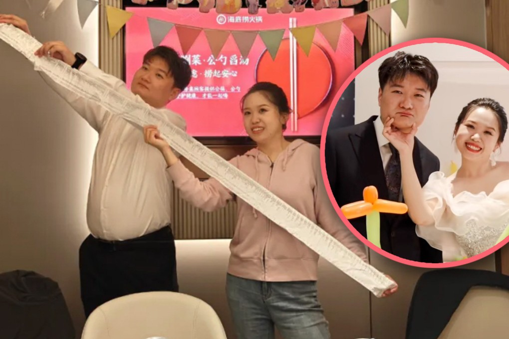 A Chinese couple recently celebrated their wedding at a hotpot restaurant for US$3,100, drawing attention with a remarkable two-metre-long bill. Photo: SCMP composite/Douyin/QQ.com