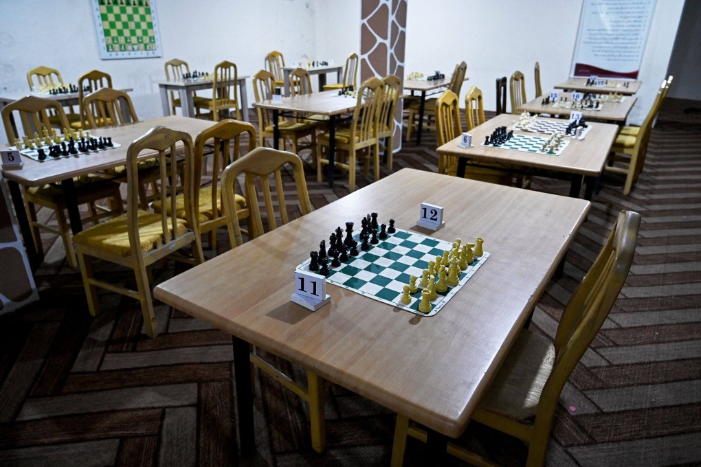 Chessboards in an empty hall with no players at the Kabul Elite Chess Club in Kabul. Photo: AFP