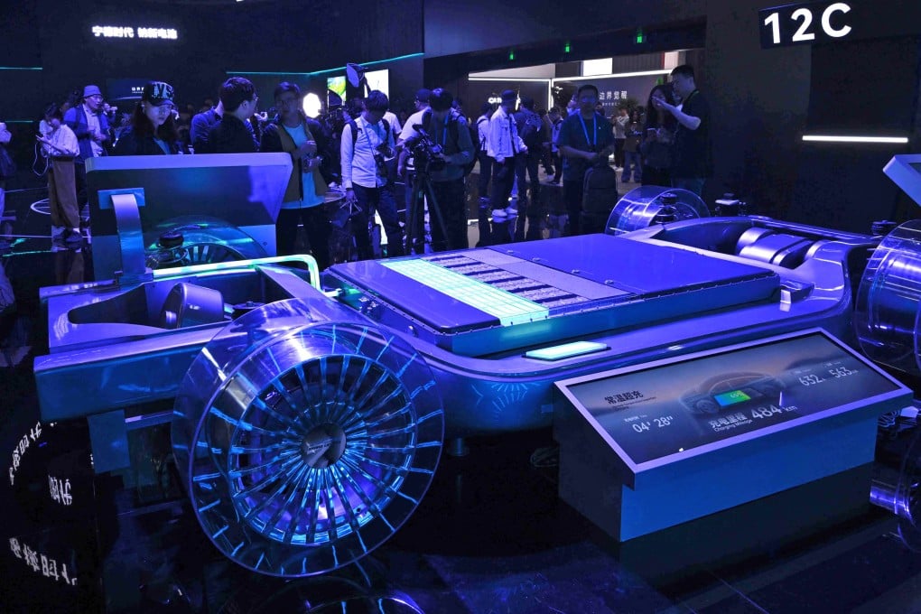 A model of CATL’s second-generation Shenxing Superfast Charging Battery is displayed during CATL Tech Day ahead of the Shanghai Auto Show in Shanghai on April 21, 2025. Photo: AFP
